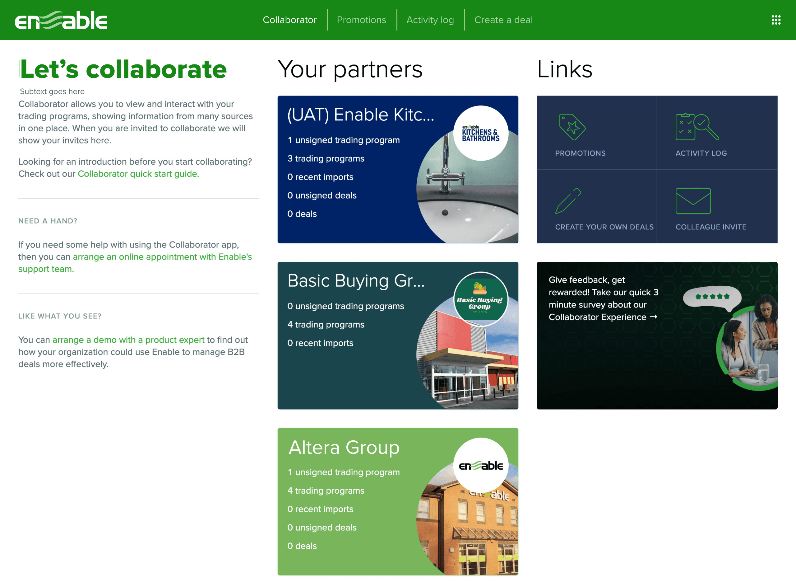 Collaborator Portal landing page with partner cards and link tiles