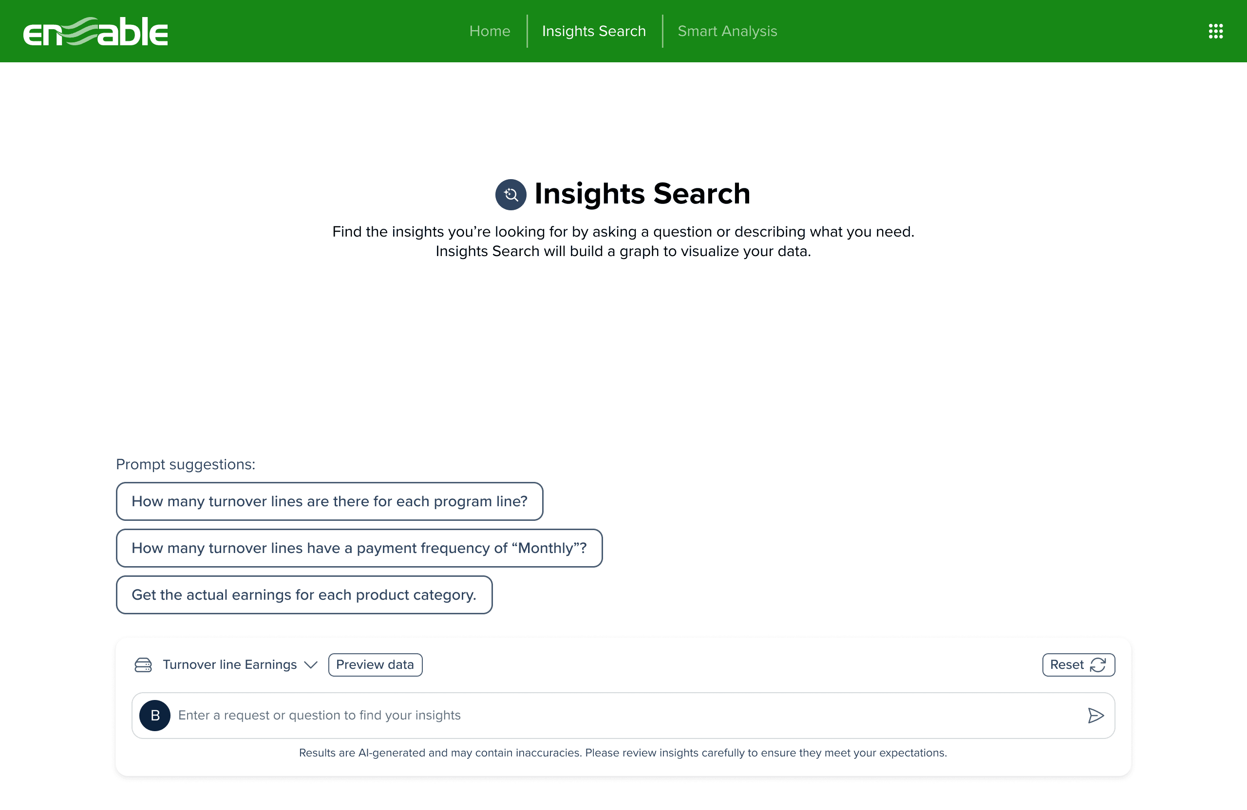 Insights Search home with prompt suggestions, data-source dropdown, and AI disclaimer footer