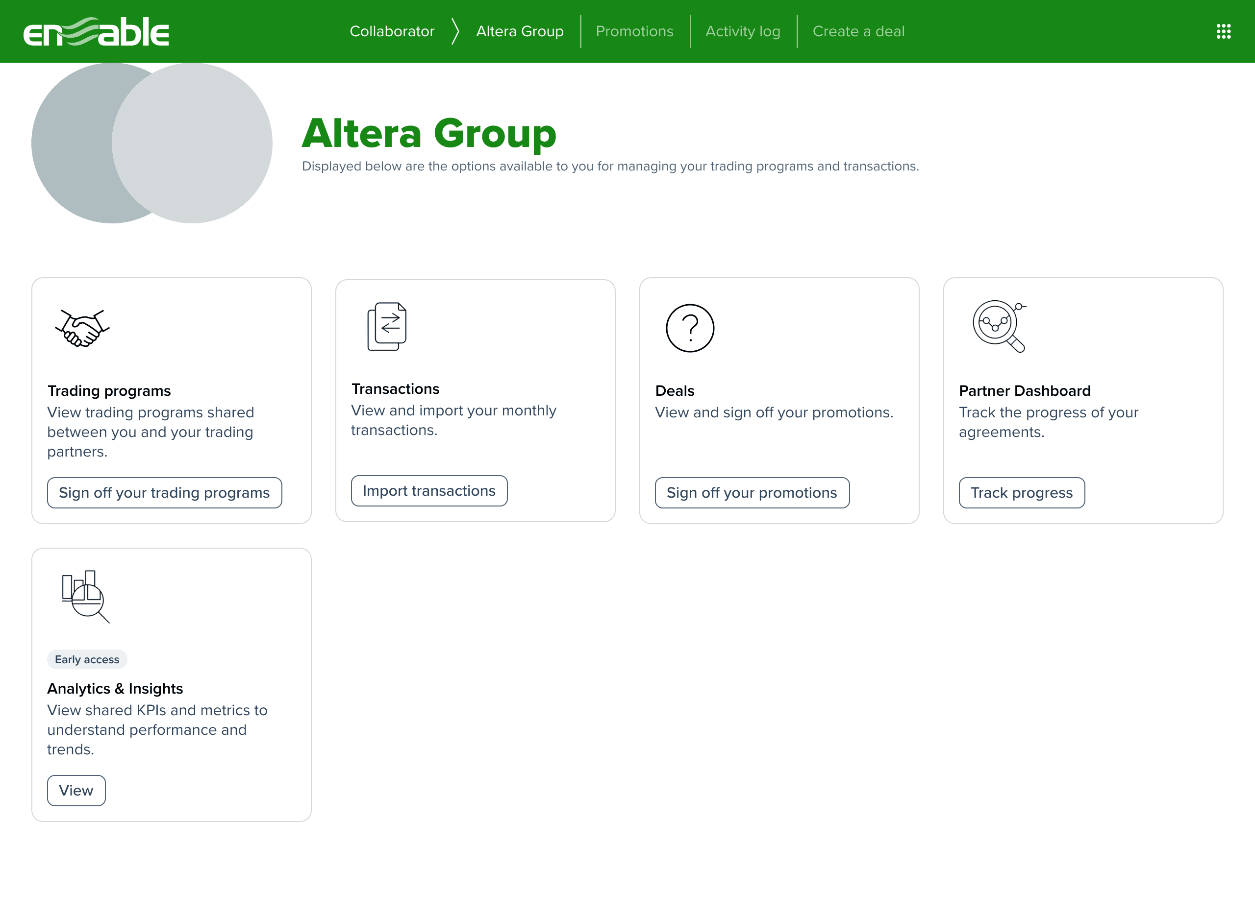 Collaborator Portal options page with the legacy Partner Dashboard tile beside the new Analytics and Insights tile