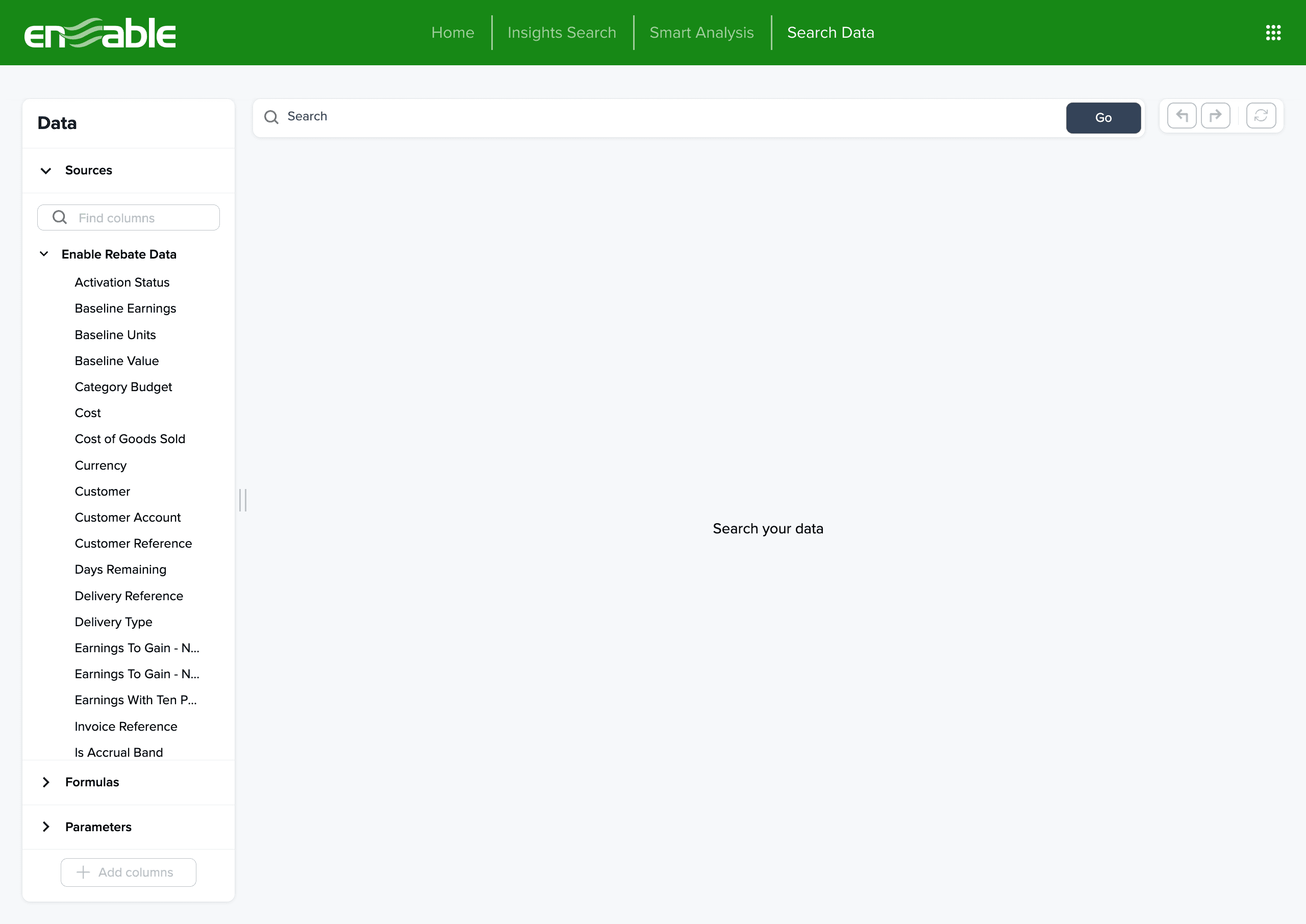 Search Data surface exposing the rebate data model columns with an empty search state