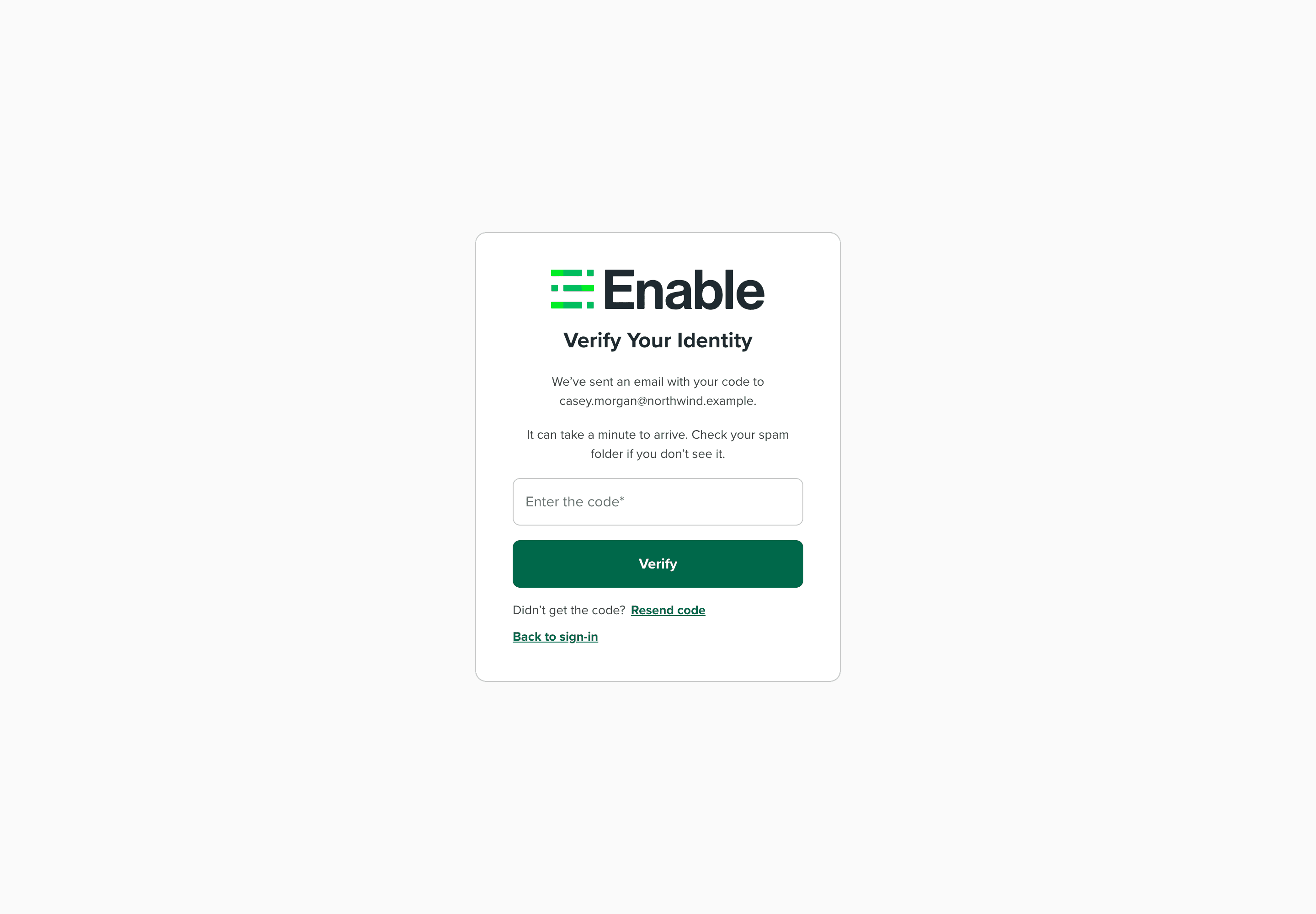 Live passwordless one-time-code verification captured from the running prototype
