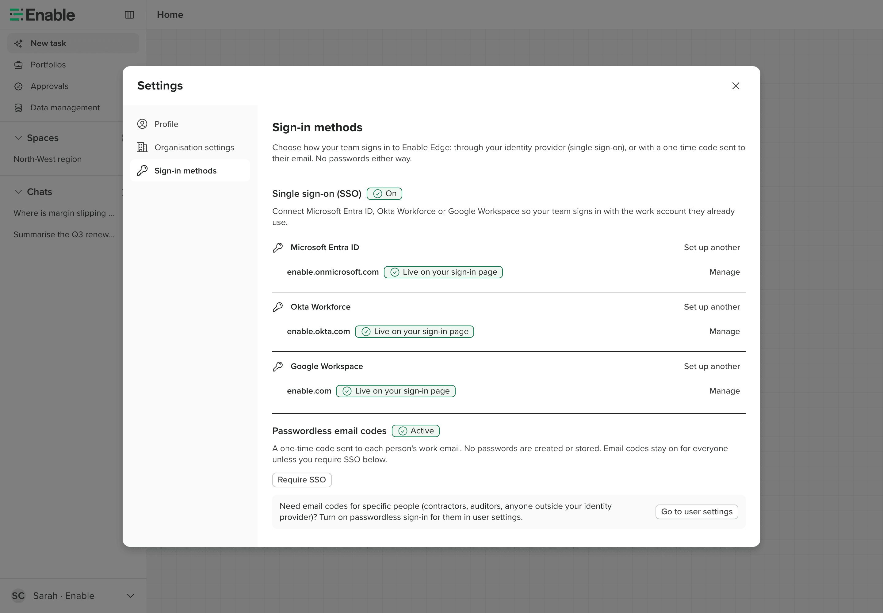 The login-methods admin running live inside the real Edge app shell, with single sign-on on and passwordless email codes active