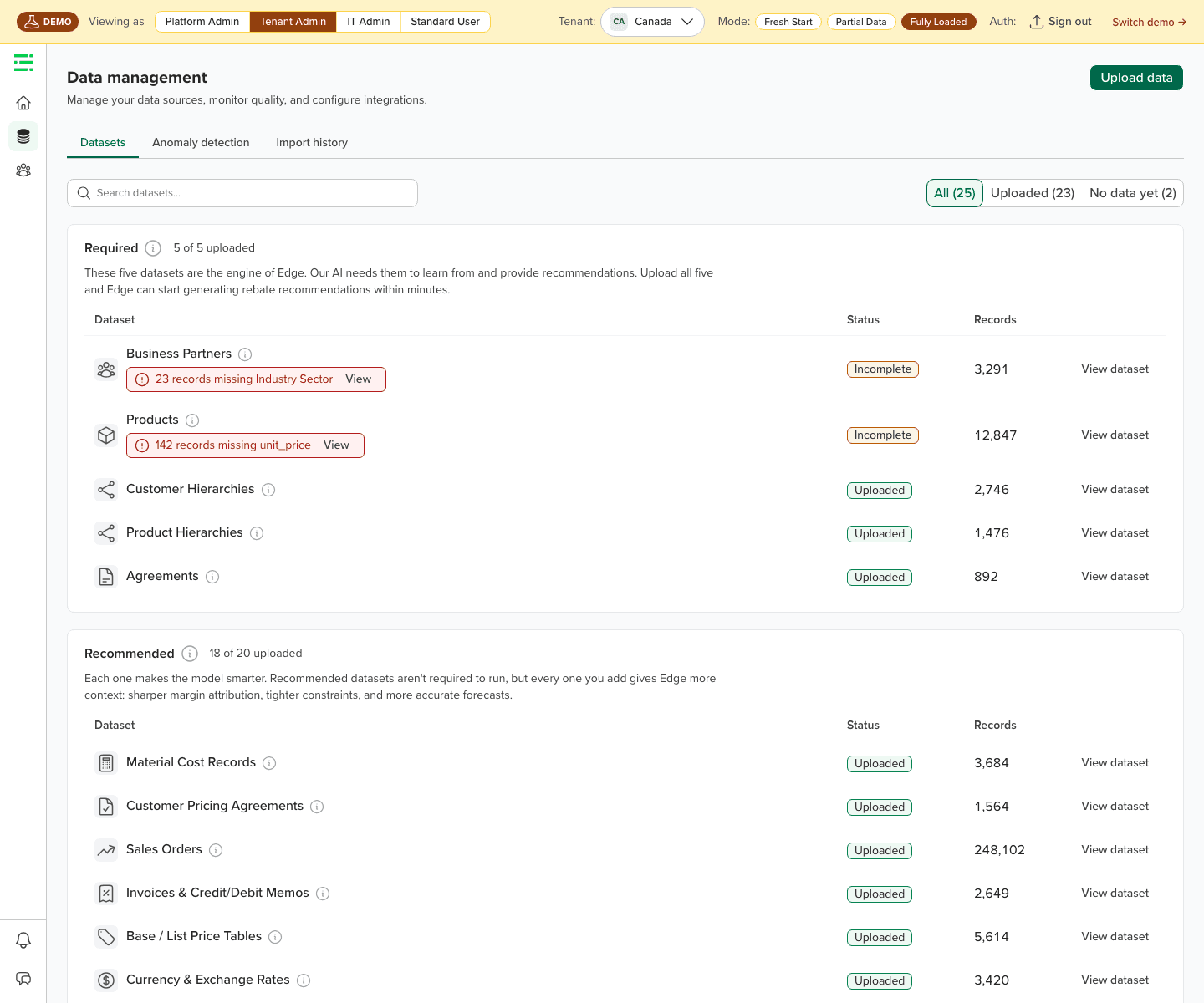 Data management page showing required and recommended datasets with status, record counts, and data quality flags