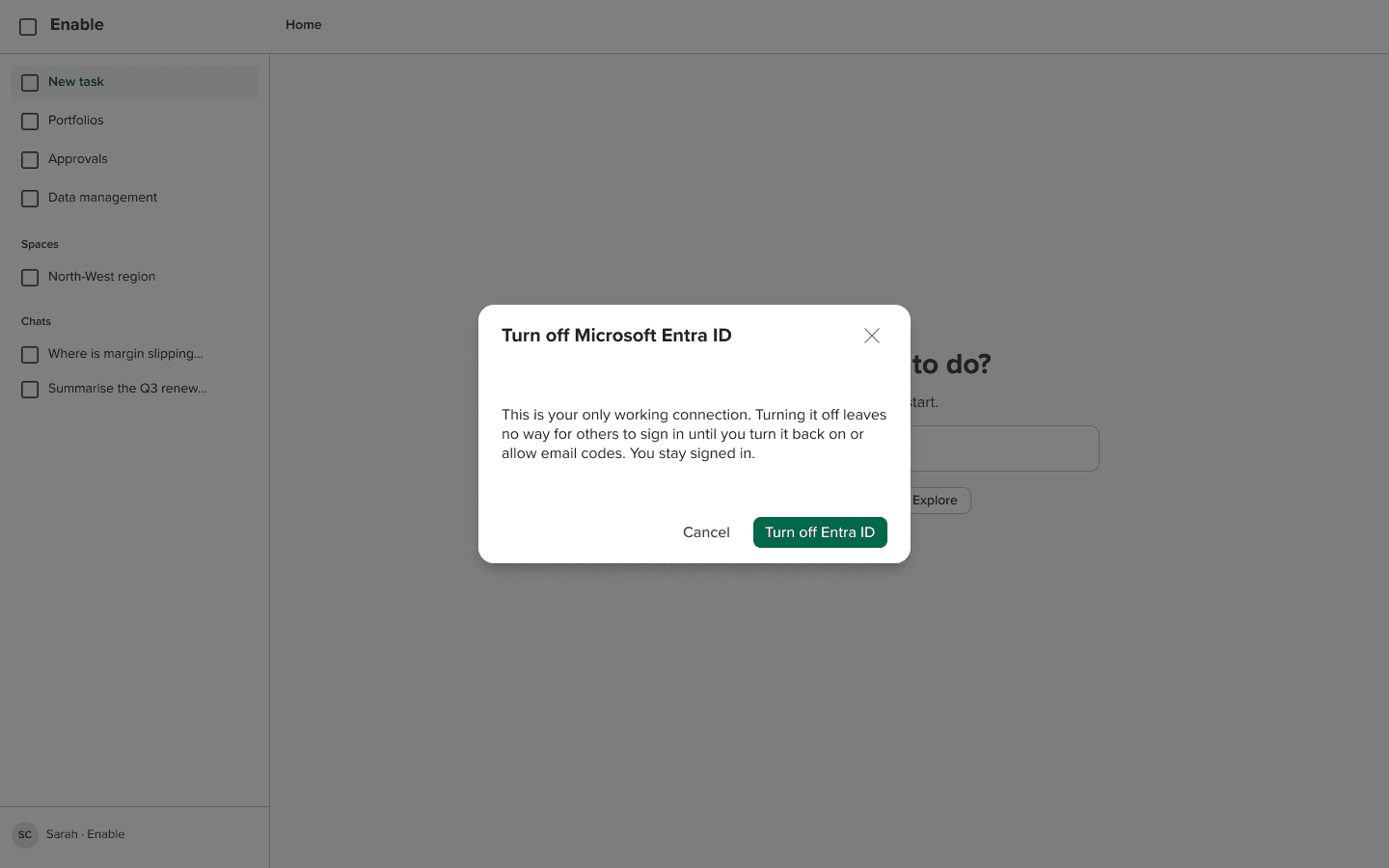 A confirmation guard preventing an admin from turning off the last remaining sign-in method