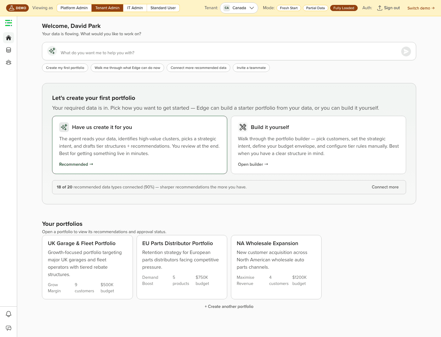 Enable Edge home page with agent command bar, suggested actions, and seeded portfolios