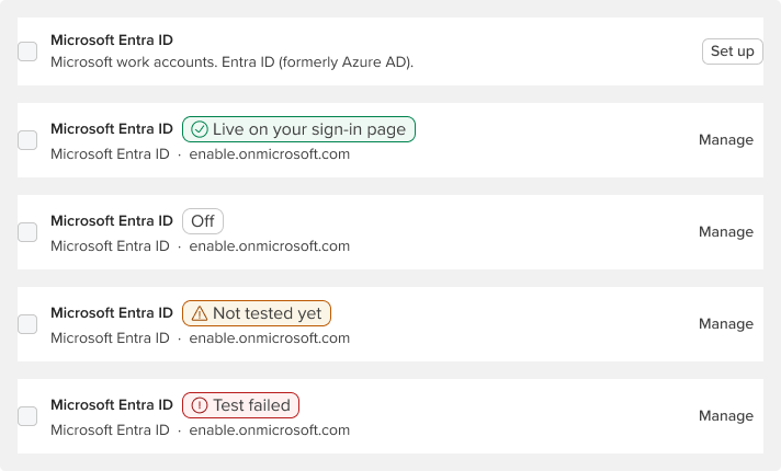 The Connection Row component shown across five states: not set up, live, off, not tested, and test failed