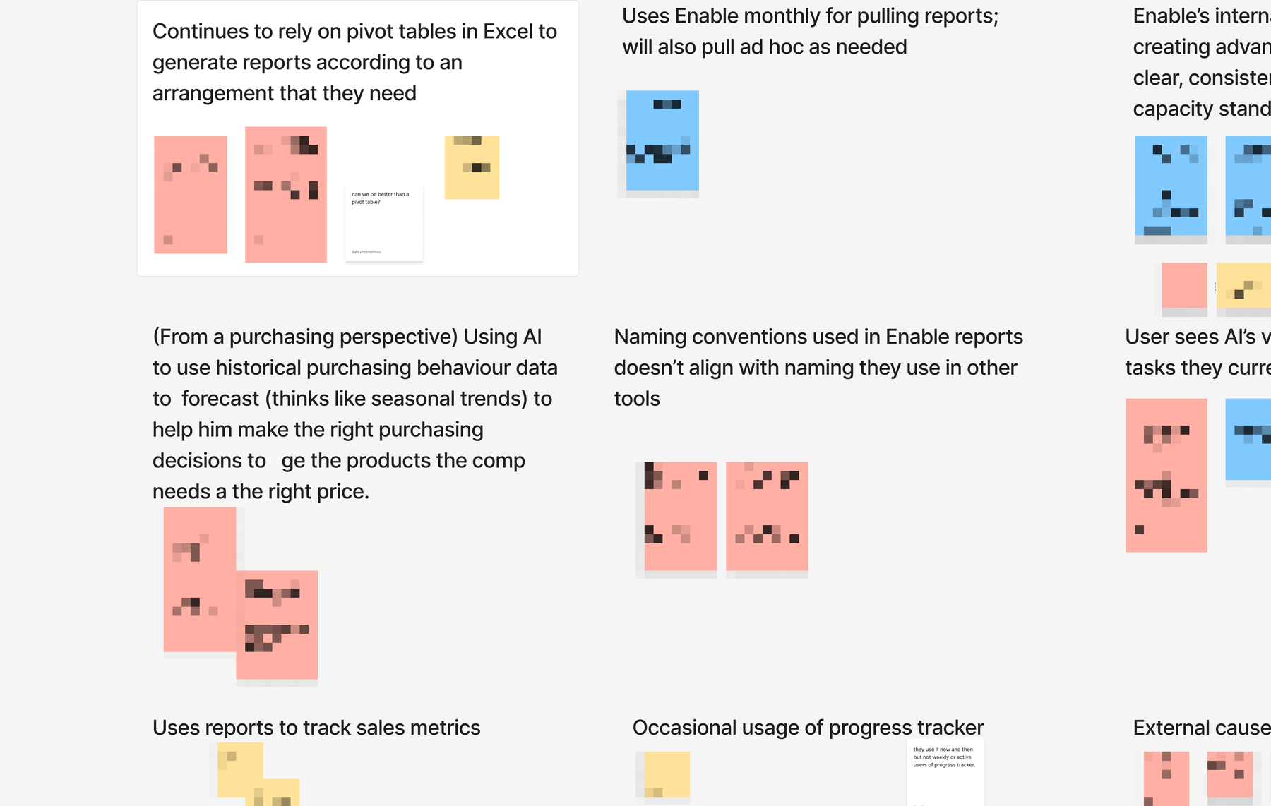 Close-up of affinity theme clusters with readable headers about Excel workarounds and naming mismatches